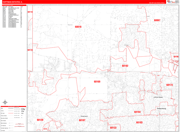 Hoffman Estates City Wall Map Red Line Style